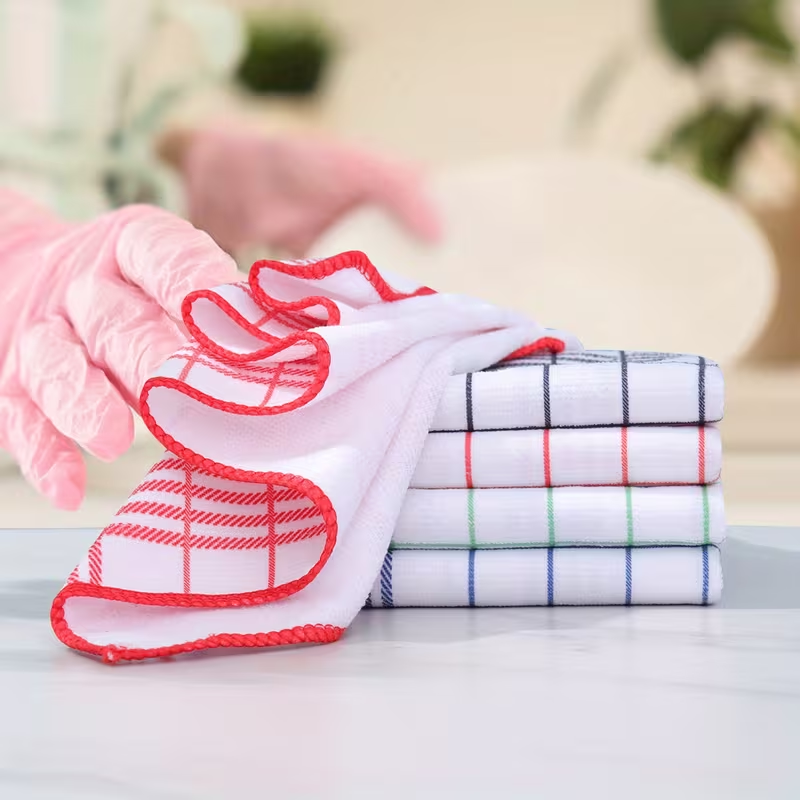 Dish Towels Set 10pcs Plaid Kitchen Cleaning Cloth Large Soft Polyester - Red