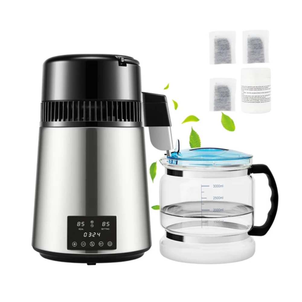 4L Water Distiller Purifier – Filtered Drinking Bottle with Softener, Temp Display & Overheat Protection for Home - Silver