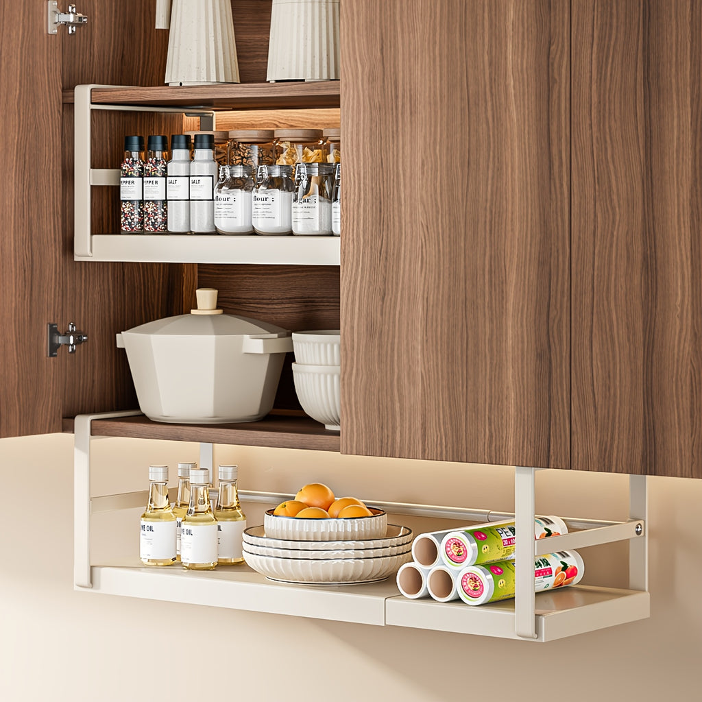 Stainless Steel Shelves Adjustable Spice Stand – Metal Expansion Cabinet Rack – Kitchen Hanging Seasoning Organizer – White