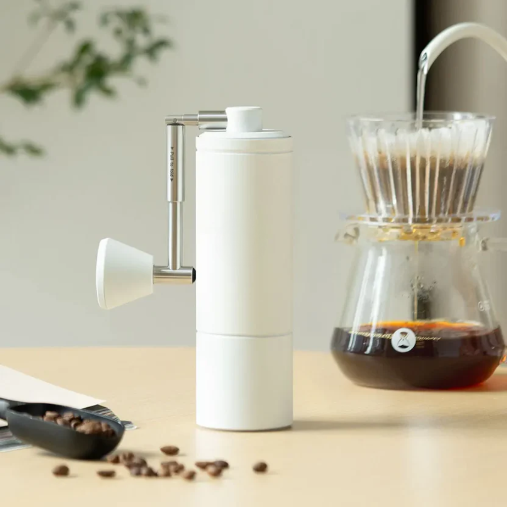 Manual Espresso Coffee Grinder – Adjustable Steel Burr Hand Grinder with Cleaning Brush – Outdoor Portable White