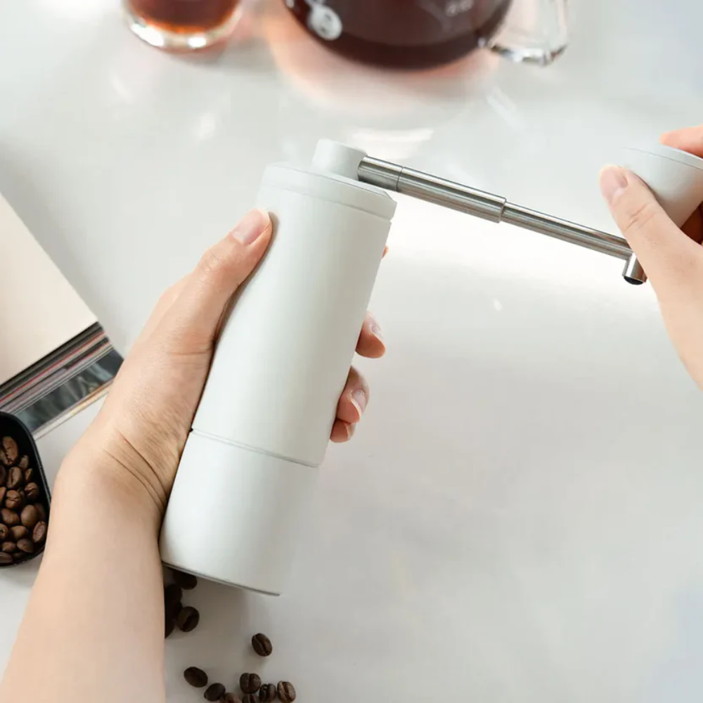 Manual Espresso Coffee Grinder – Adjustable Steel Burr Hand Grinder with Cleaning Brush – Outdoor Portable White