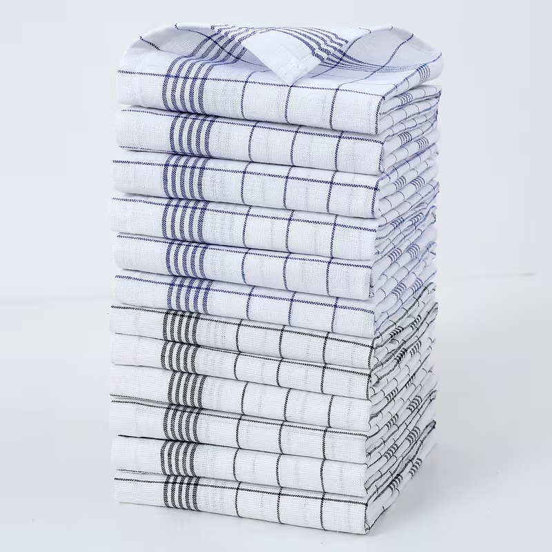 Dish Towels Set 10pcs Plaid Kitchen Cleaning Cloth Large Soft Polyester - Black