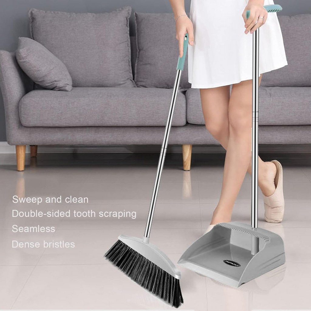 Broom and Dustpan Set Long Handle Folding Dustpan Stand-Up Storage Cleaning Tool Gray