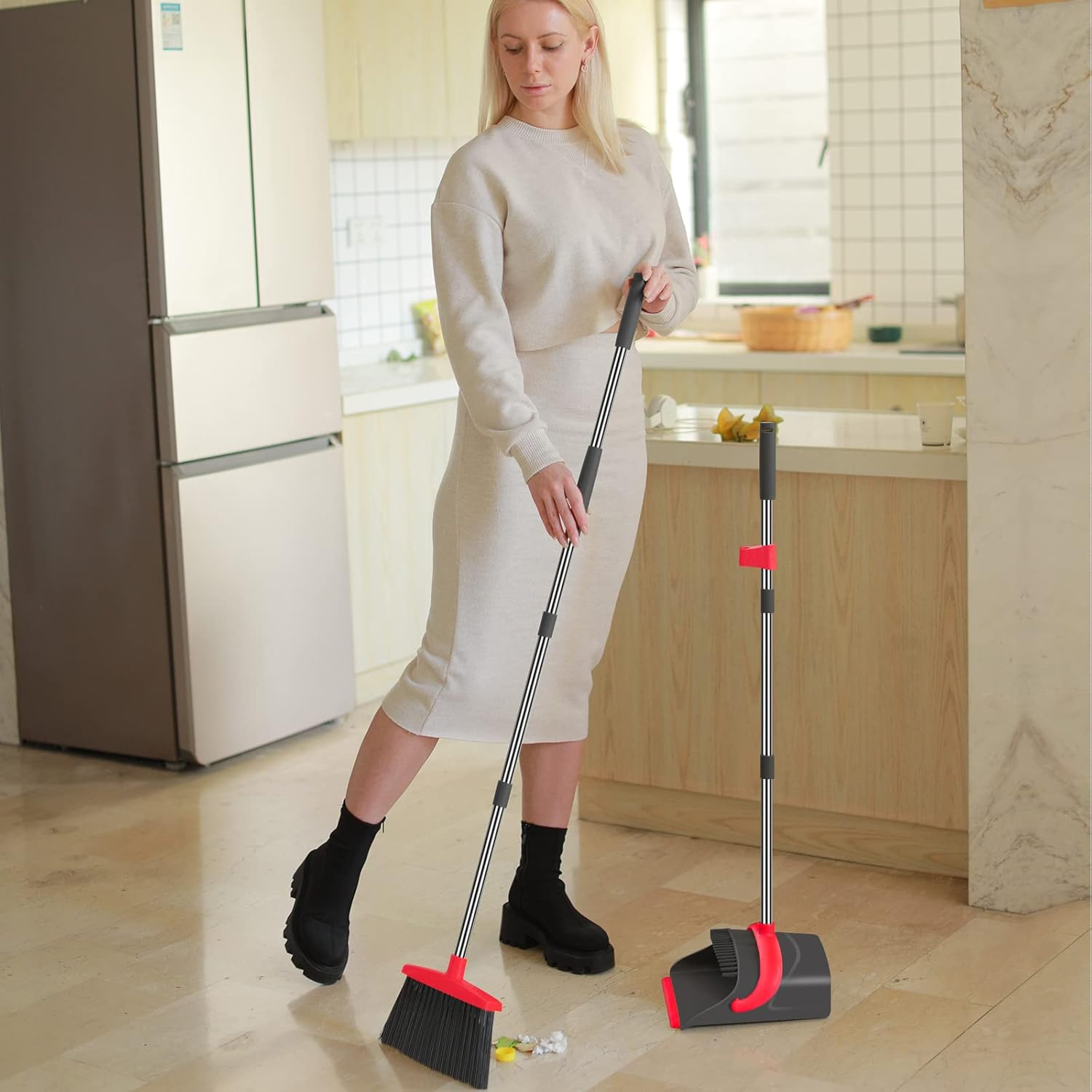 Broom and Dustpan Set Long Handle Upright Cleaning Combo Indoor Outdoor Use Red