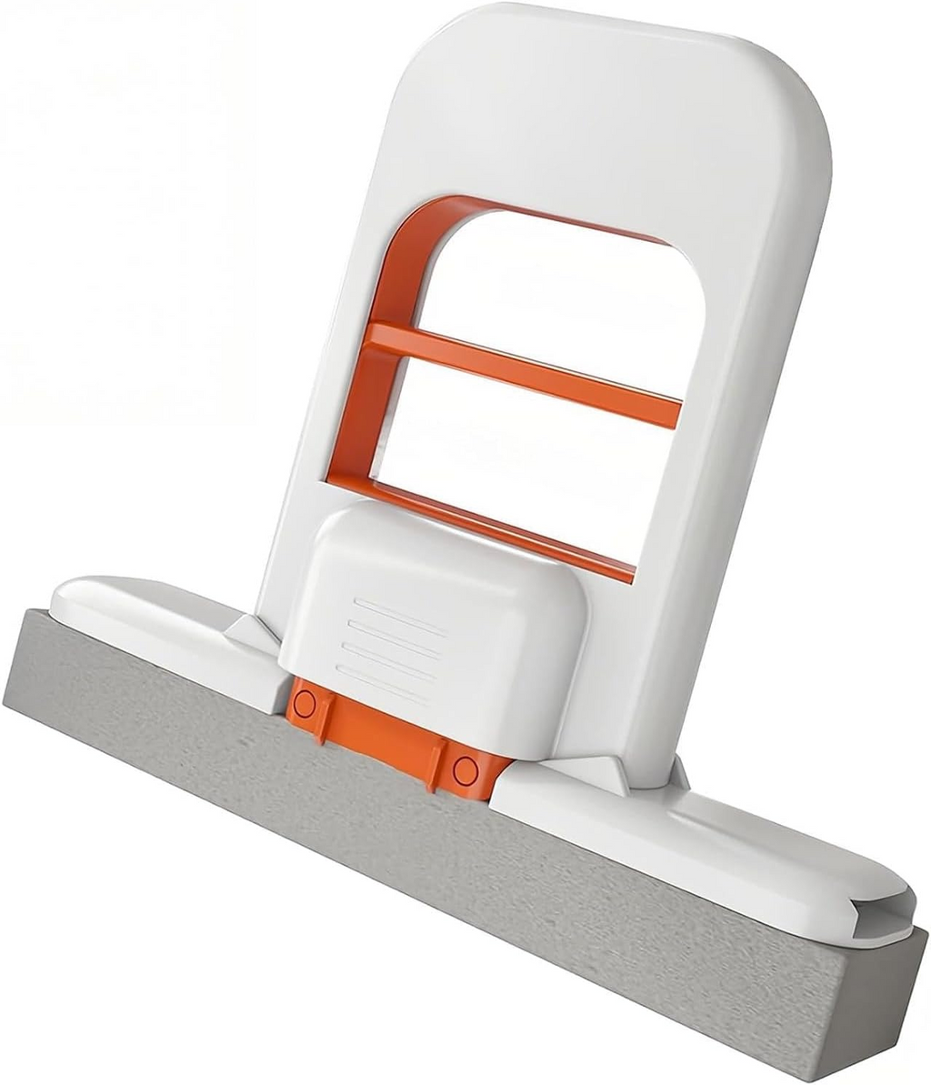 Handheld Sponge Mop with Squeeze Handle Portable Cleaning Tool with 2 Replacement Heads White and Orange