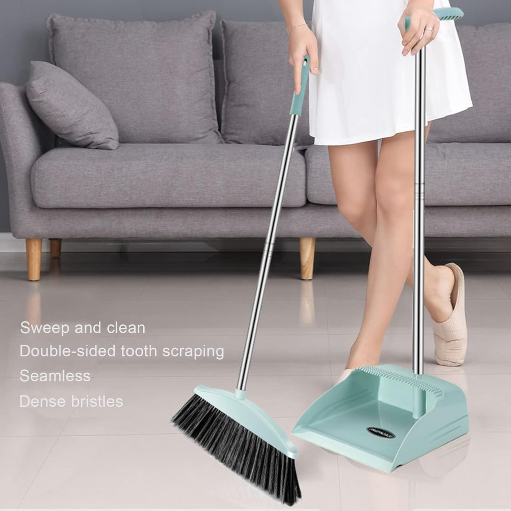 Broom and Dustpan Set Long Handle Folding Dustpan Stand-Up Storage Cleaning Tool Blue