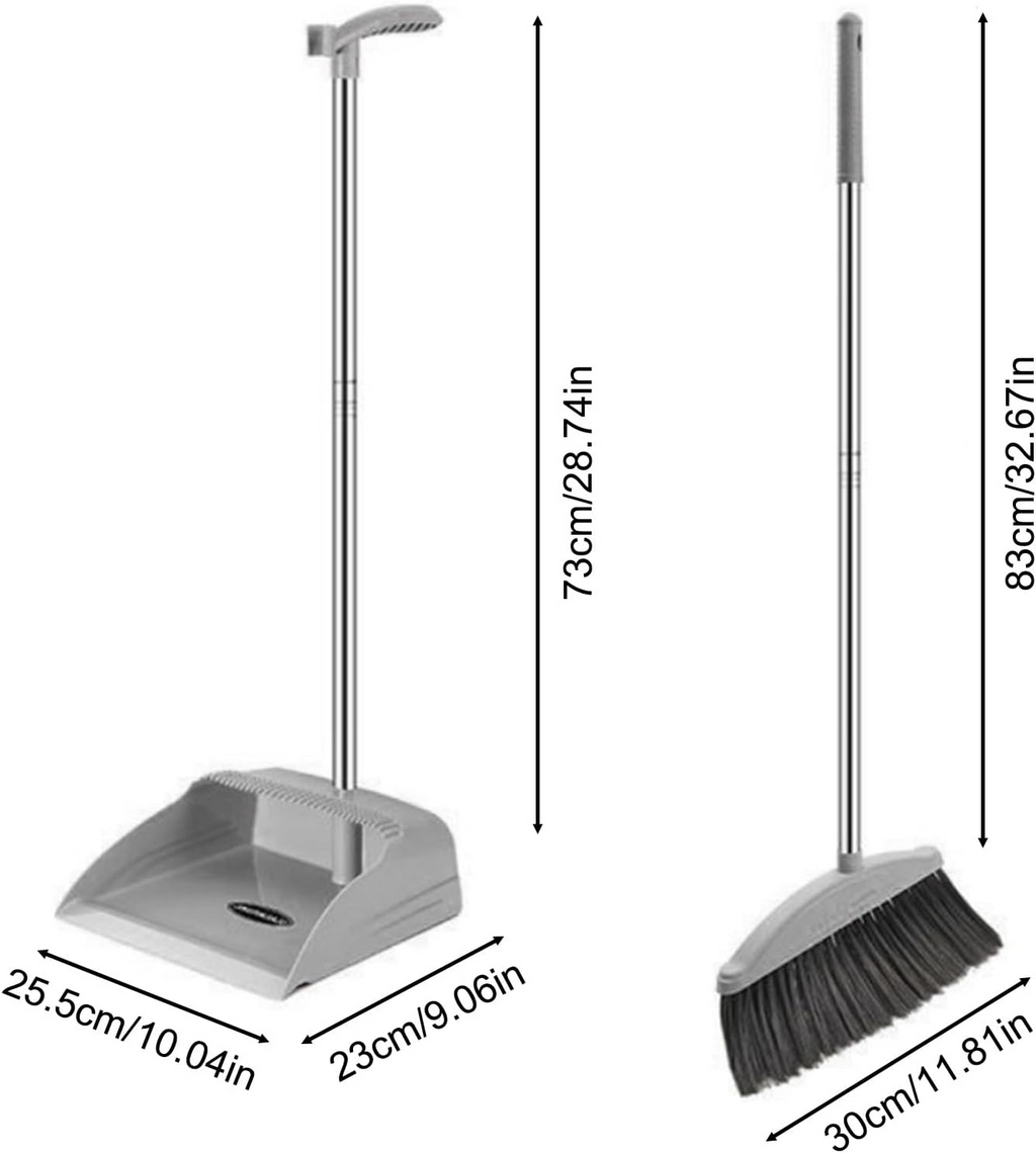 Broom and Dustpan Set Long Handle Folding Dustpan Stand-Up Storage Cleaning Tool Gray