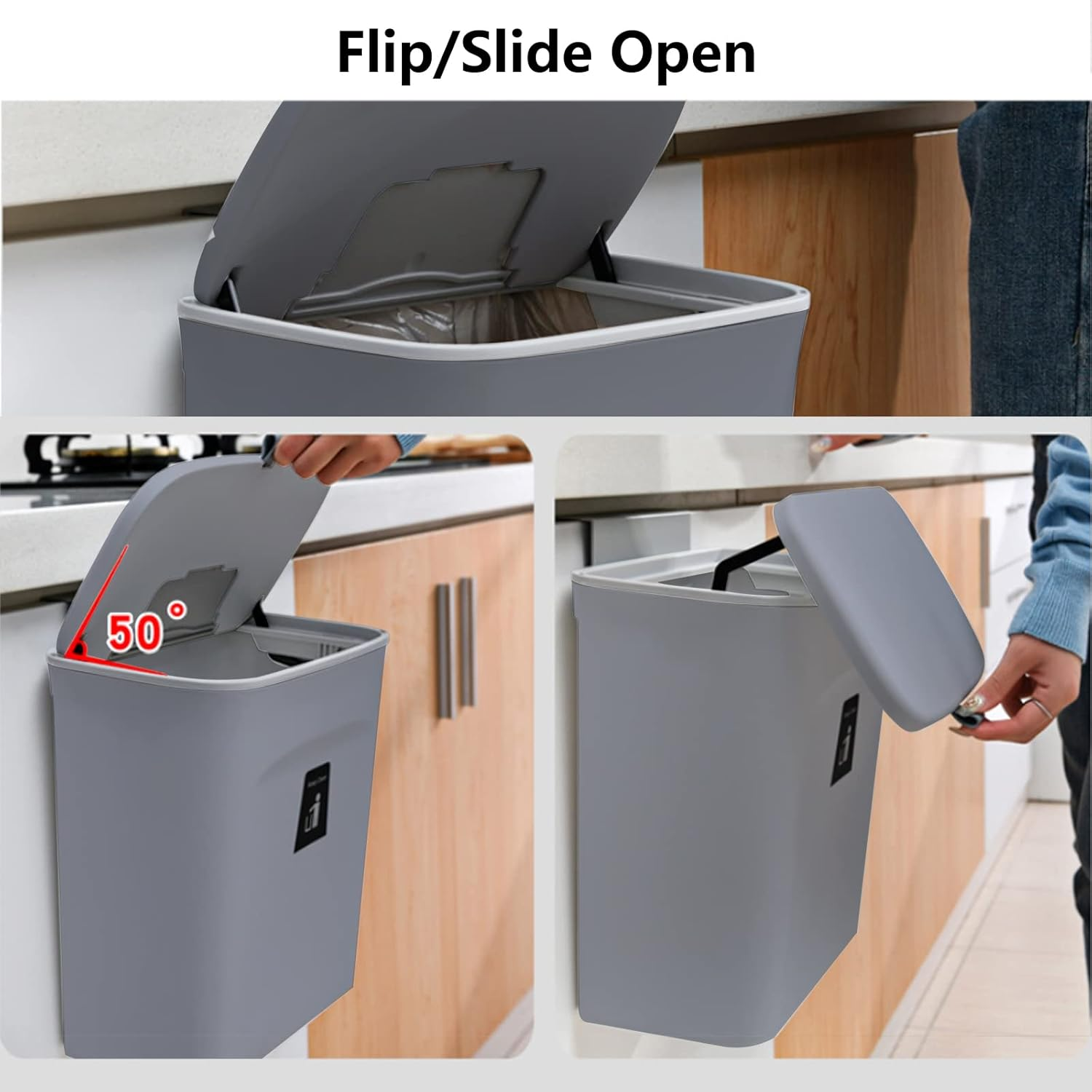 Wall Mounted Trash Can Hanging Kitchen Bin with Lid Space Saving Design Gray 9L