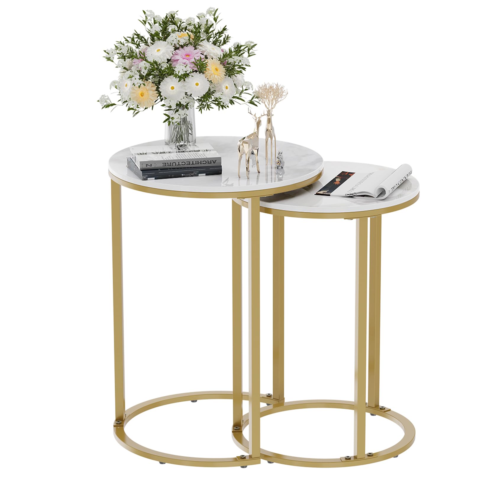 Nesting Side Table Set 2 Piece Sintered Stone Top Round Metal Base – Gold