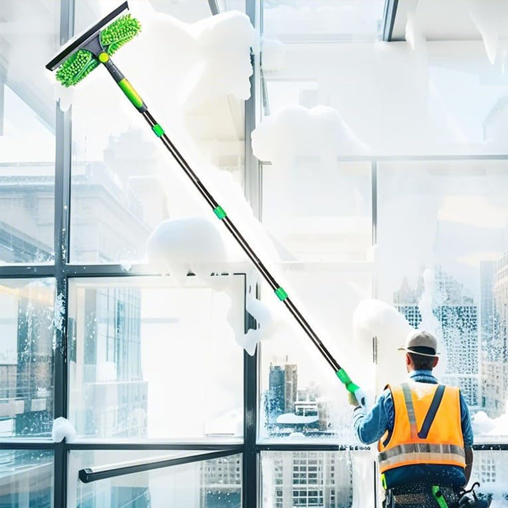 Window Cleaning Kit 2 in 1 Squeegee Microfiber Cleaner with 430cm Extension Pole Green