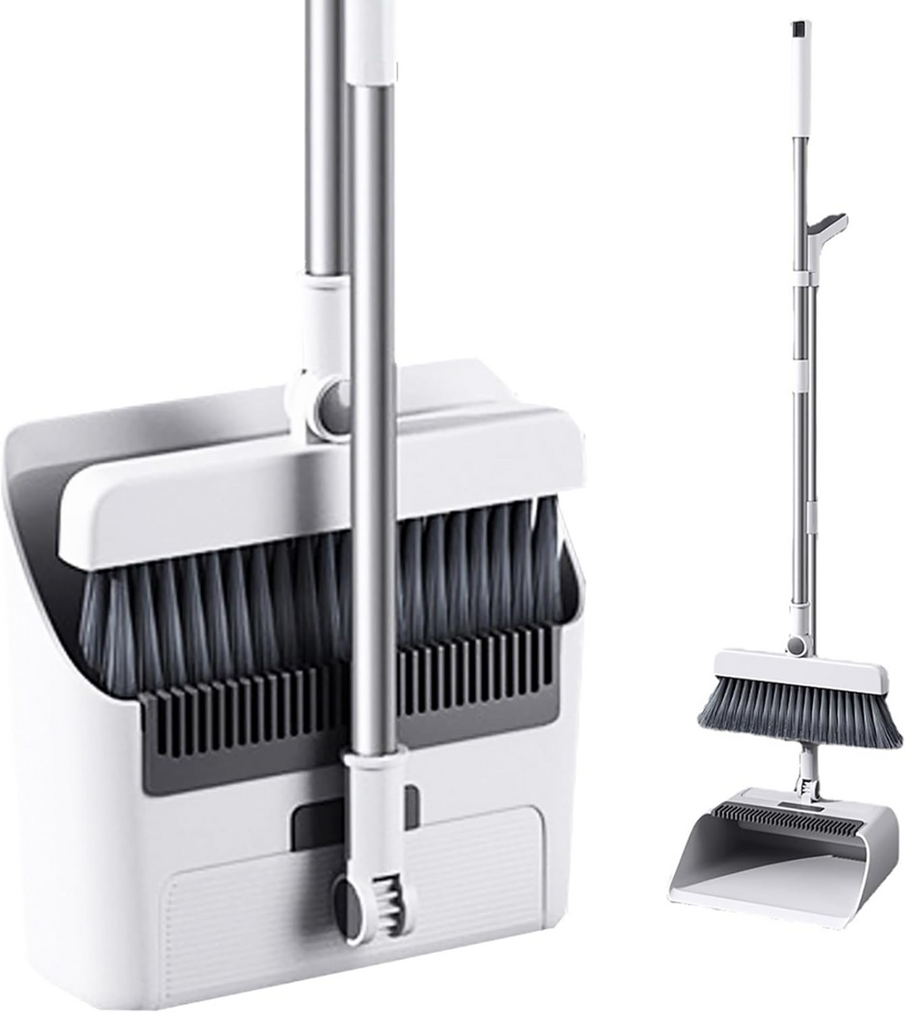 Broom and Dustpan Set 3-in-1 with Gap Cleaning Brush Compact Household Cleaning Tool - White