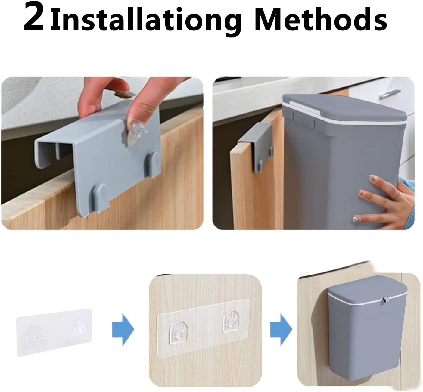 Wall Mounted Trash Can Hanging Kitchen Bin with Lid Space Saving Design Gray 9L
