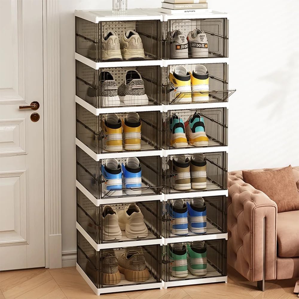 Foldable Transparent Shoe Storage Box – Stackable Organizer 6-Layer - Black