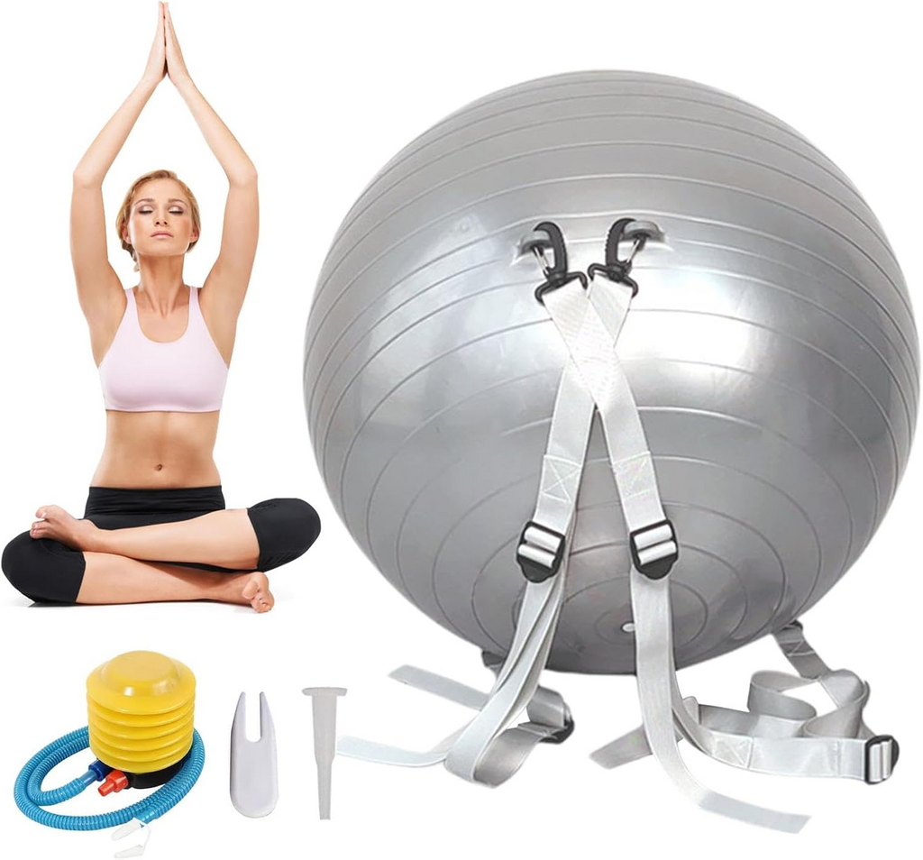Yoga Pilates Ball PVC Exercise Ball 55cm with Strap Pump Massage Fitness Training Ball - Gray