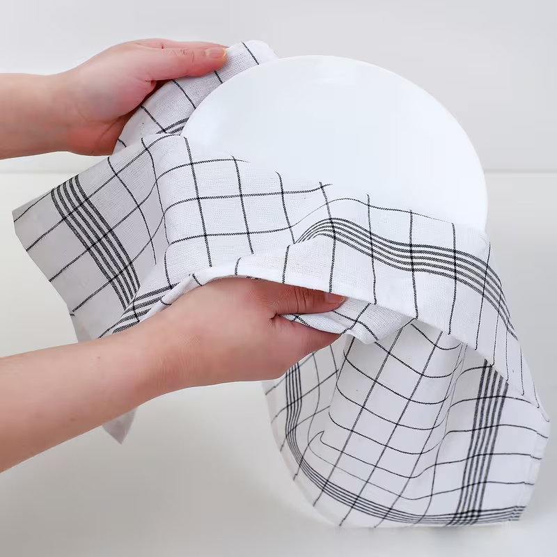 Dish Towels Set 10pcs Plaid Kitchen Cleaning Cloth Large Soft Polyester - Black