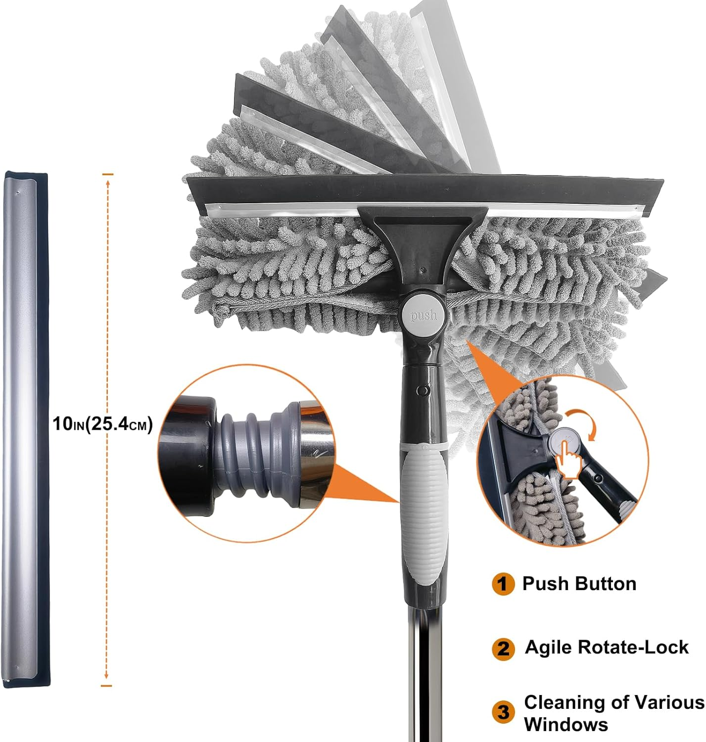 Window Cleaning Kit 2 in 1 Squeegee Microfiber Cleaner with 430cm Extension Pole Gray