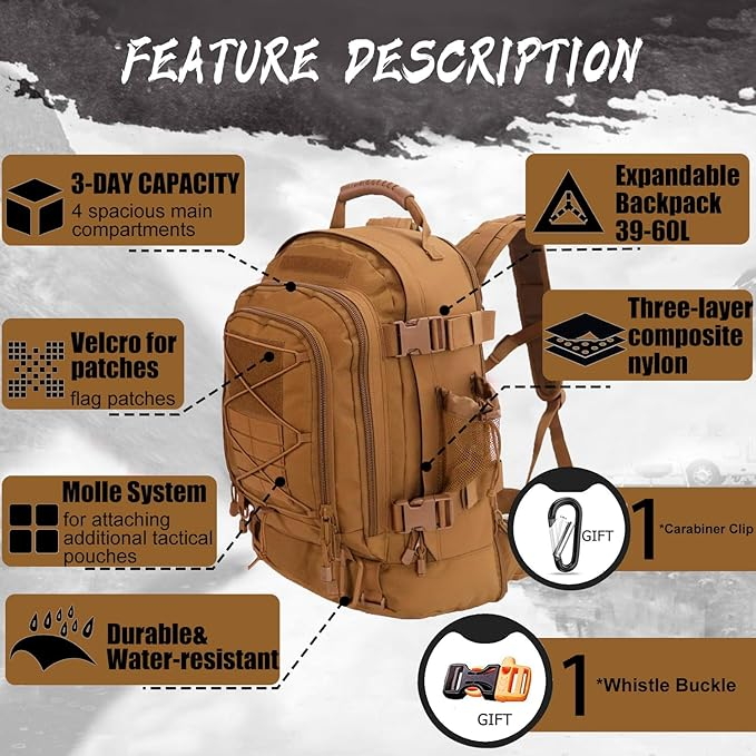Tactical Backpack 60L Expandable Waterproof Hiking Travel Laptop Bag - Brown