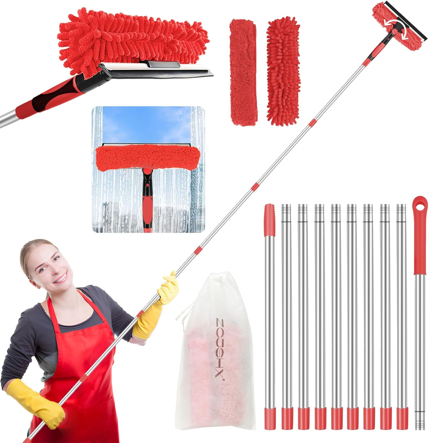 Window Cleaning Kit 2 in 1 Squeegee Microfiber Cleaner with 430cm Extension Pole Red