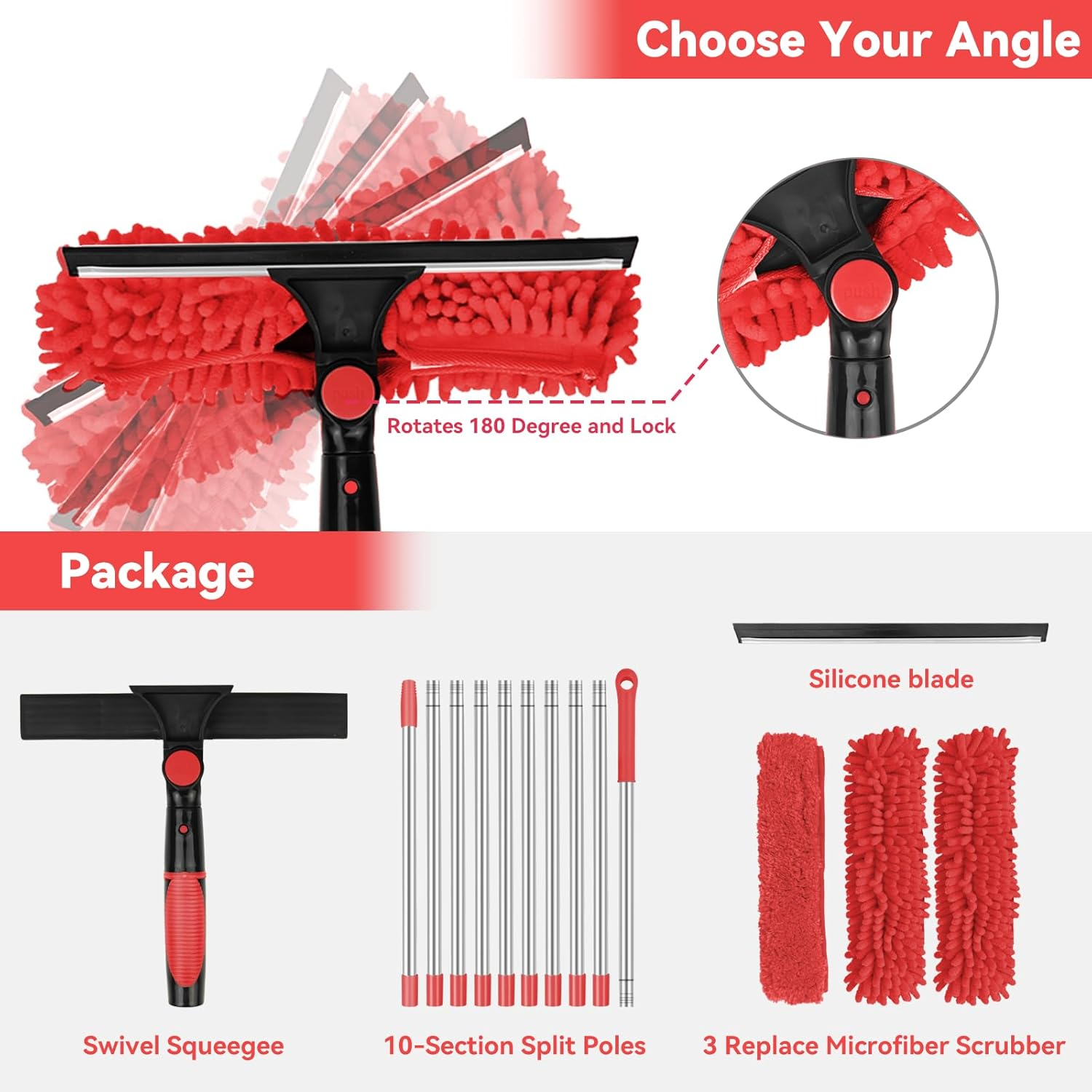 Window Cleaning Kit 2 in 1 Squeegee Microfiber Cleaner with 430cm Extension Pole Red
