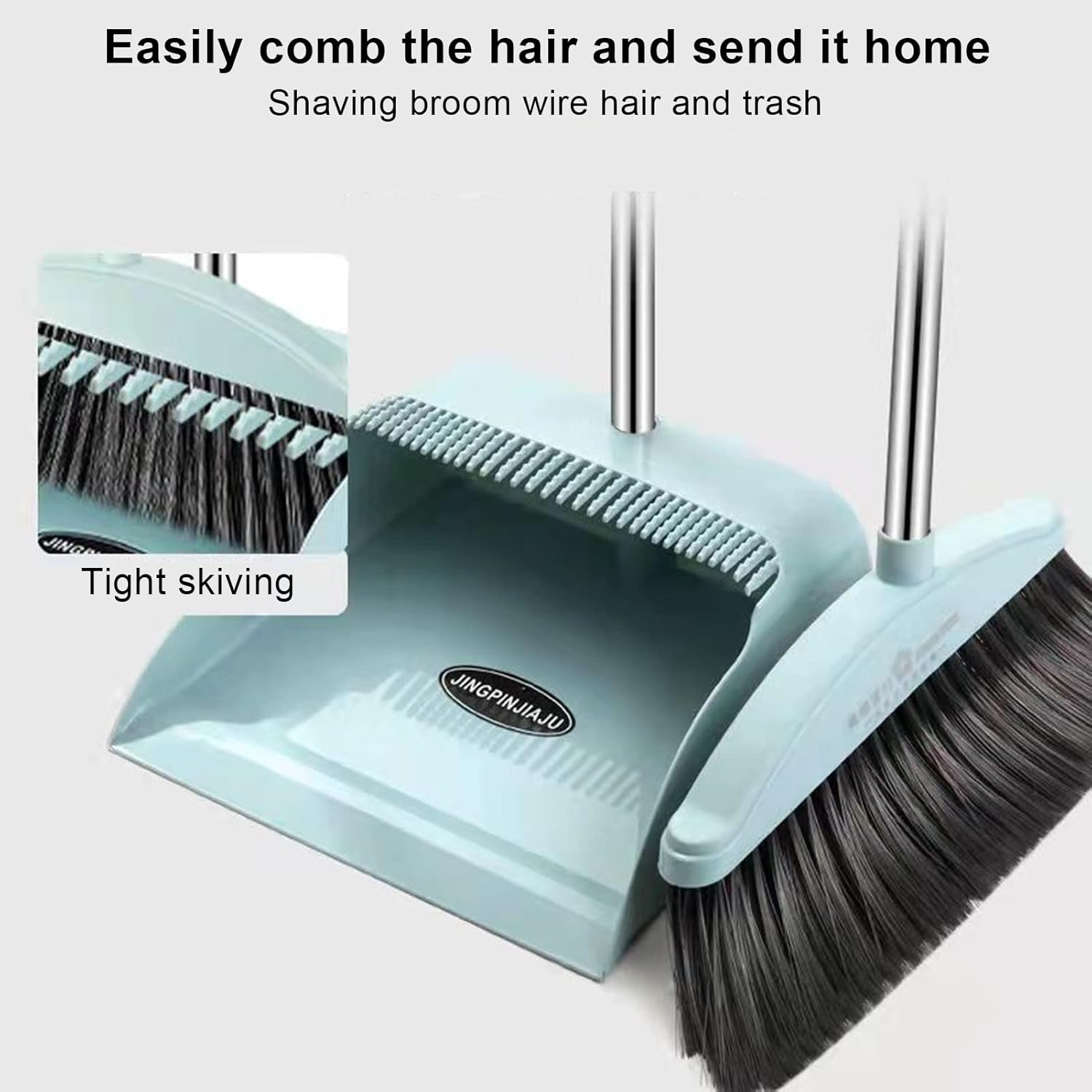 Broom and Dustpan Set Long Handle Folding Dustpan Stand-Up Storage Cleaning Tool Blue