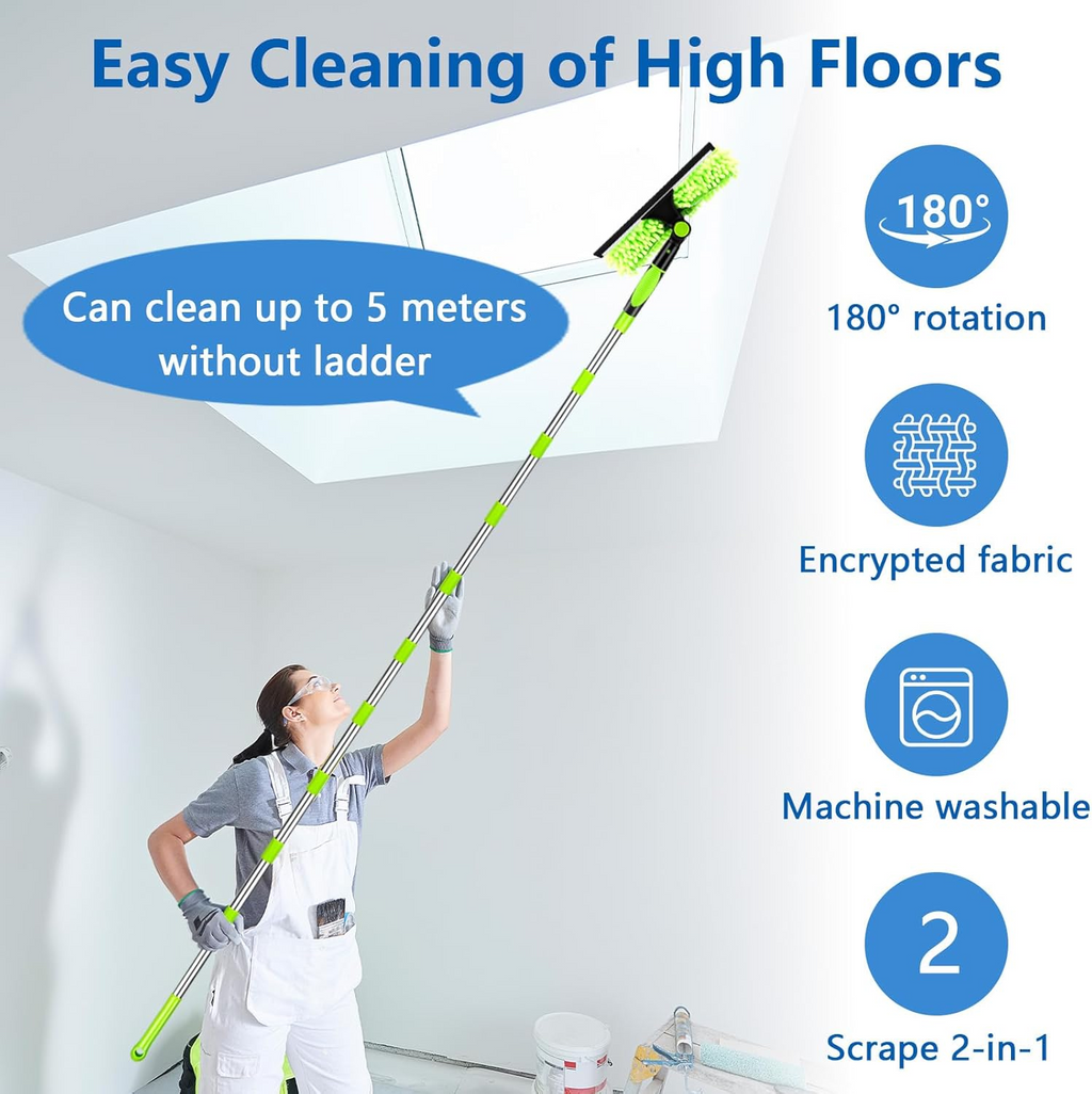 Window Cleaning Kit 2 in 1 Squeegee Microfiber Cleaner with 430cm Extension Pole Green