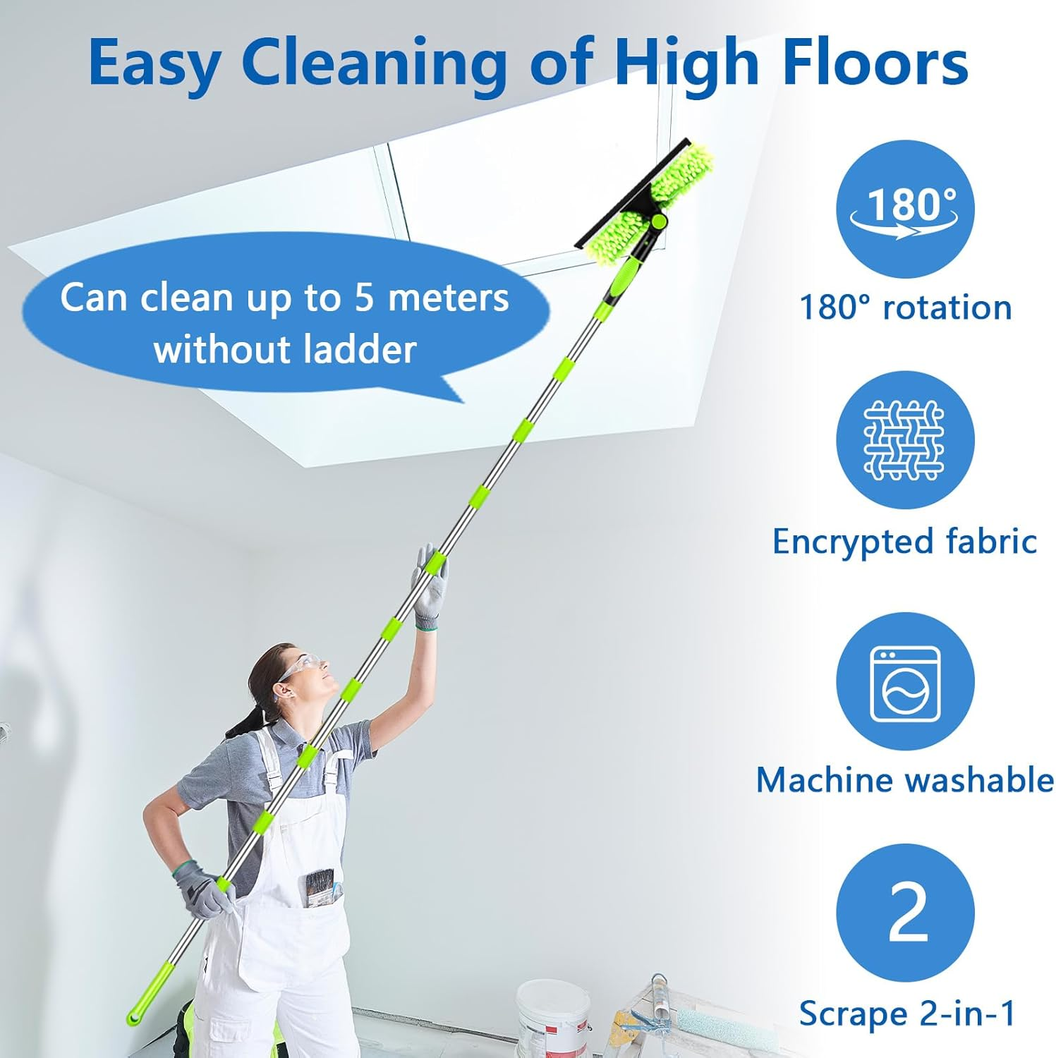 Window Cleaning Kit 2 in 1 Squeegee Microfiber Cleaner with 430cm Extension Pole Green