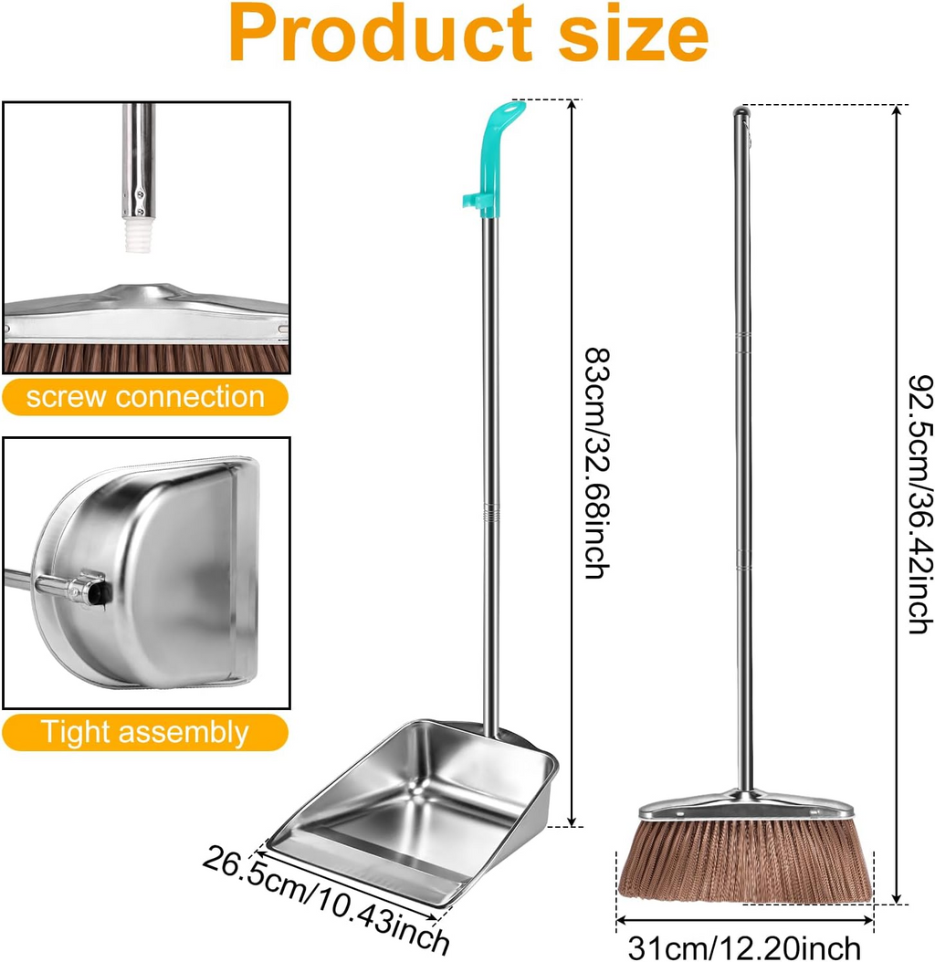 Broom and Dustpan Set Stainless Steel Long Handle Sweeping Cleaning Combo Square Dustpan