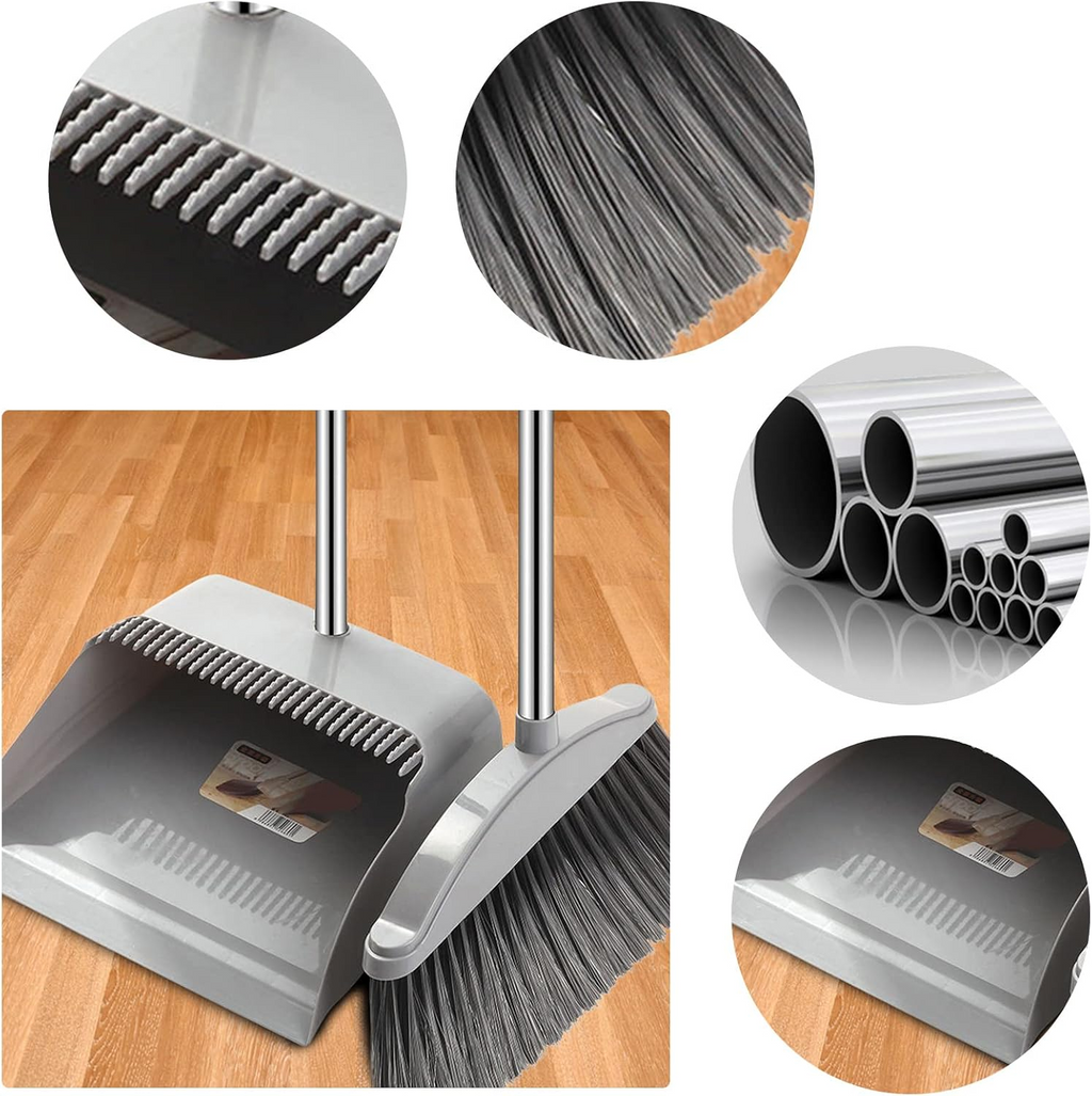 Broom and Dustpan Set Long Handle Folding Dustpan Stand-Up Storage Cleaning Tool Gray