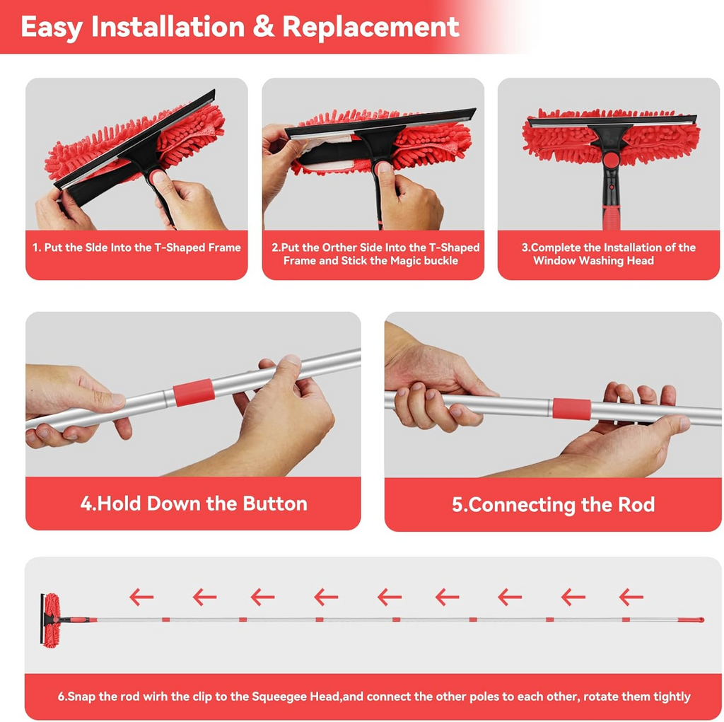 Window Cleaning Kit 2 in 1 Squeegee Microfiber Cleaner with 430cm Extension Pole Red