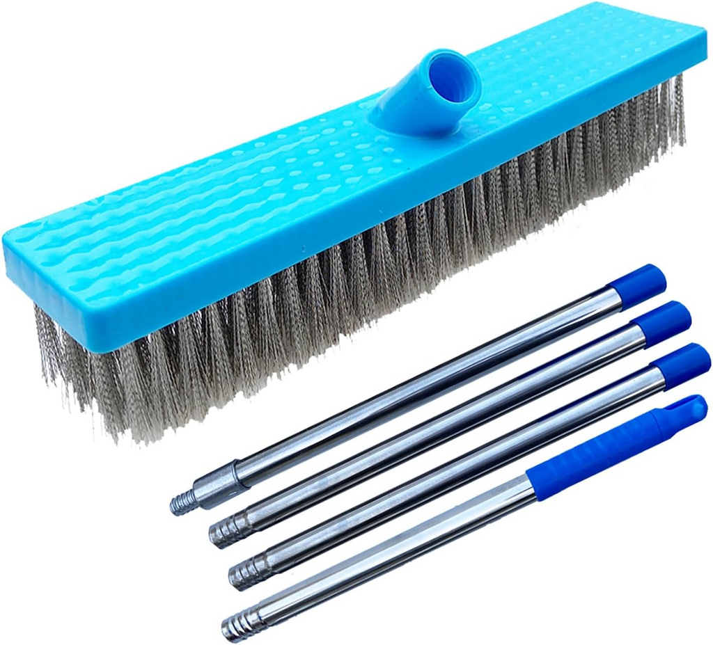Deck Scrub Brush Long Handle Stainless Steel Wire Floor Cleaning Brush - Blue