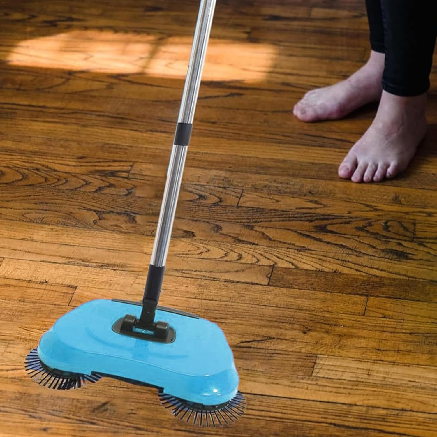Hand Push Sweeper 360° Rotating Floor Cleaner with Adjustable Handle Manual Cleaning Tool - Blue with Mop Clamp