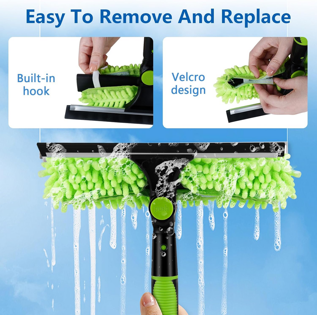 Window Cleaning Kit 2 in 1 Squeegee Microfiber Cleaner with 430cm Extension Pole Green