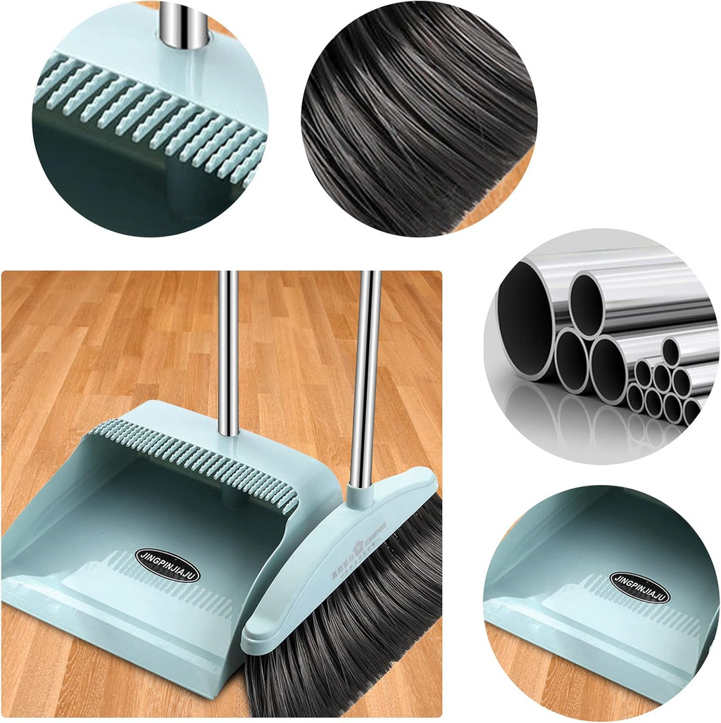 Broom and Dustpan Set Long Handle Folding Dustpan Stand-Up Storage Cleaning Tool Blue