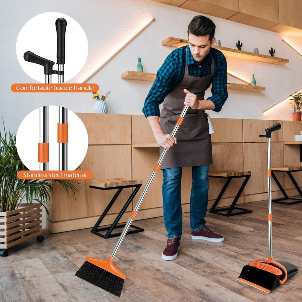 Broom and Dustpan Set Long Handle Upright Cleaning Combo Indoor Outdoor Use Orange