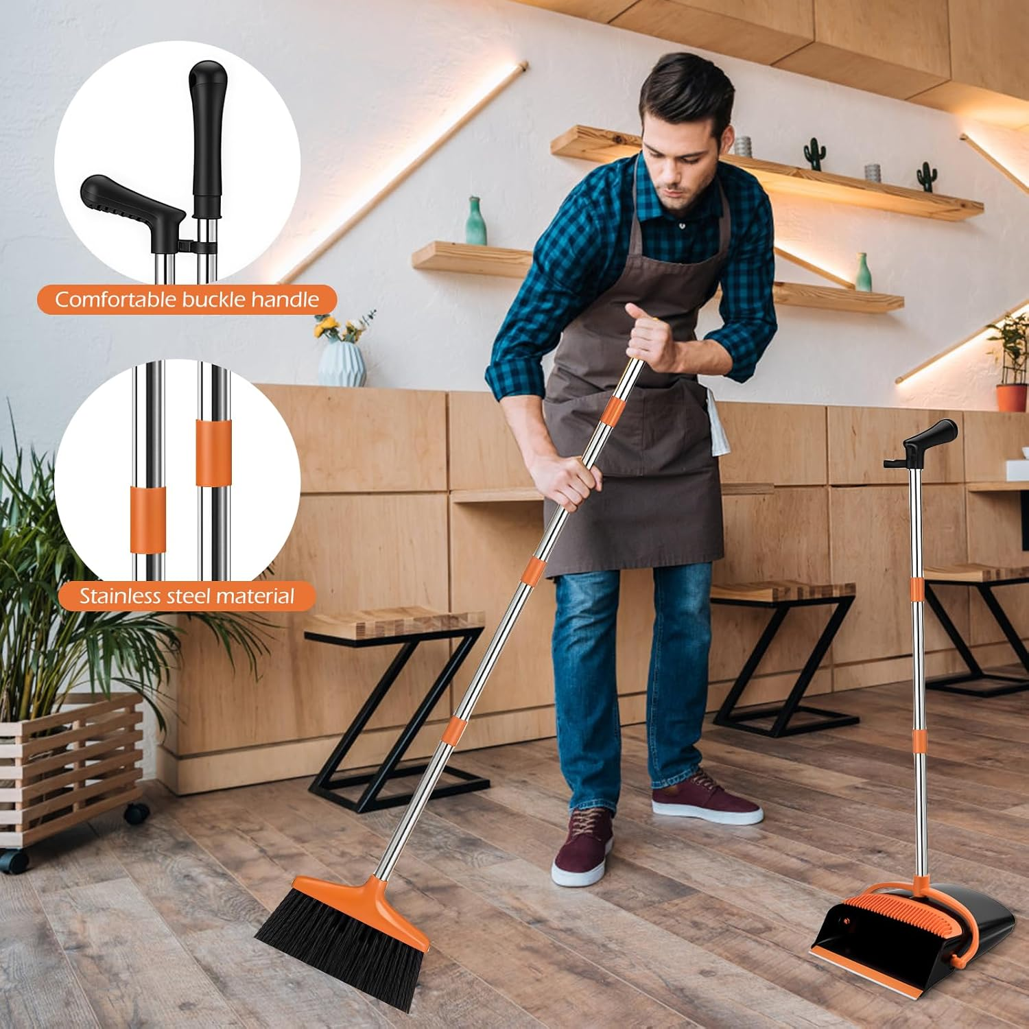 Broom and Dustpan Set Long Handle Upright Cleaning Combo Indoor Outdoor Use Orange