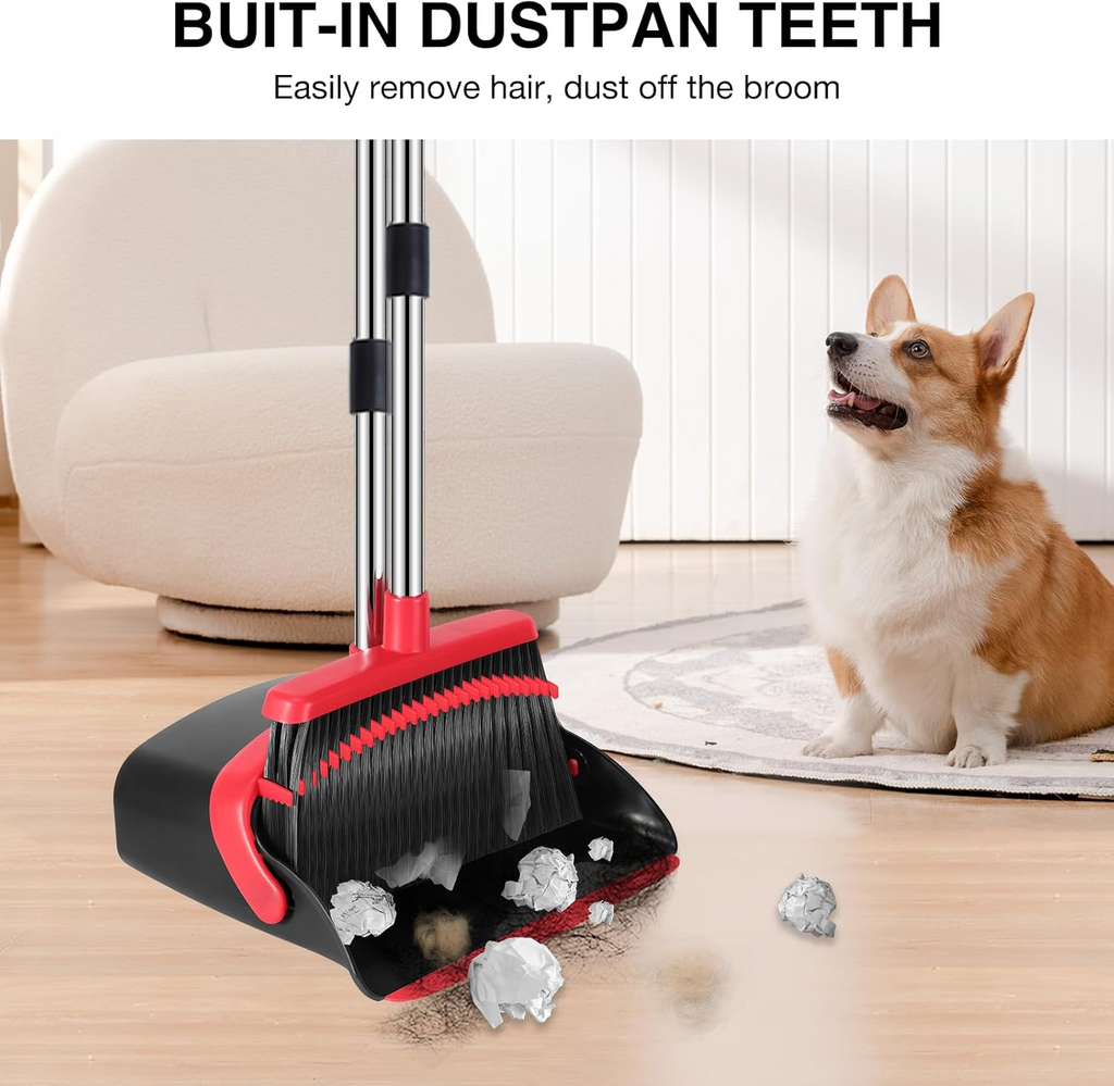 Broom and Dustpan Set Long Handle Upright Cleaning Combo Indoor Outdoor Use Red