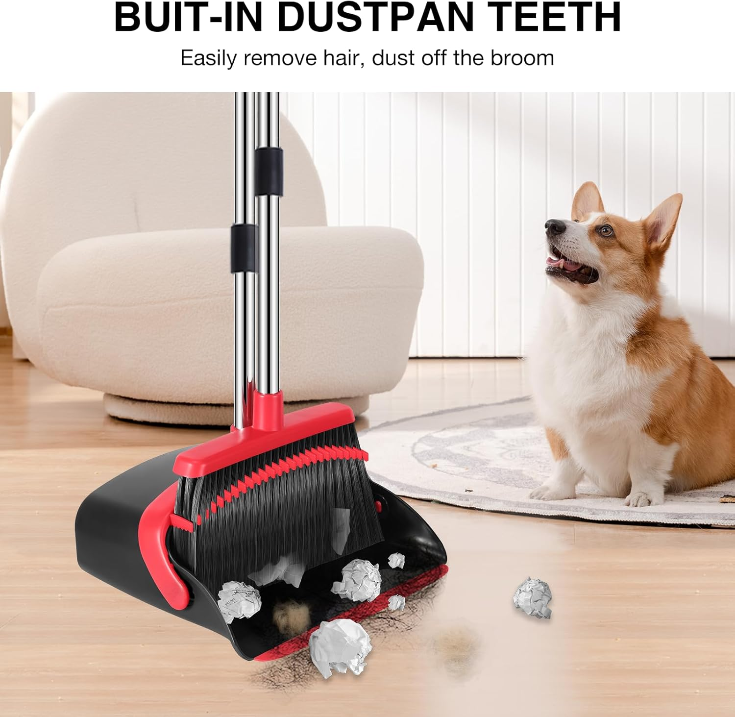 Broom and Dustpan Set Long Handle Upright Cleaning Combo Indoor Outdoor Use Red