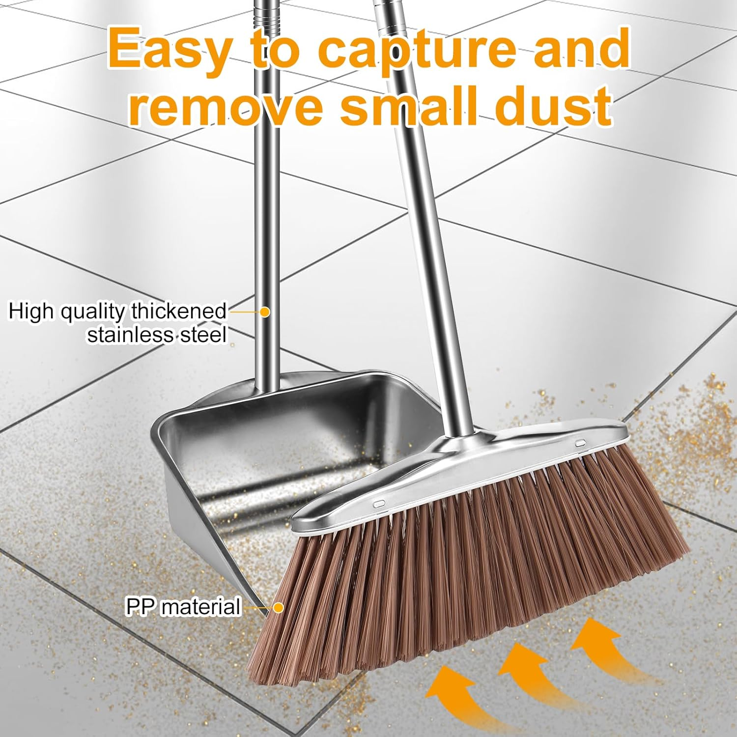 Broom and Dustpan Set Stainless Steel Long Handle Sweeping Cleaning Combo Square Dustpan