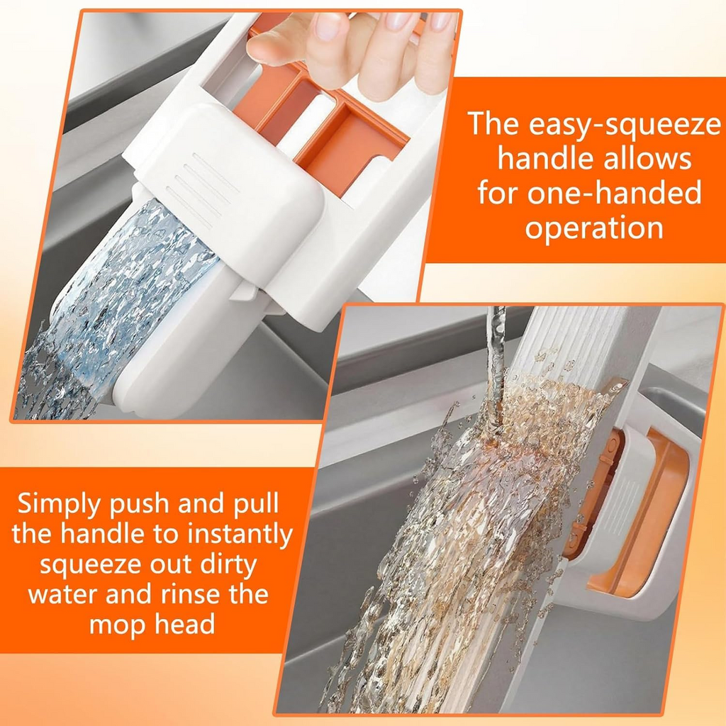 Handheld Sponge Mop with Squeeze Handle Portable Cleaning Tool with 2 Replacement Heads White and Orange