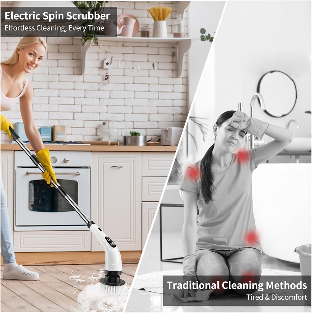 Electric Cleaning Brush Rotary Scrubber with 7 Heads Adjustable Handle Wet Dry White