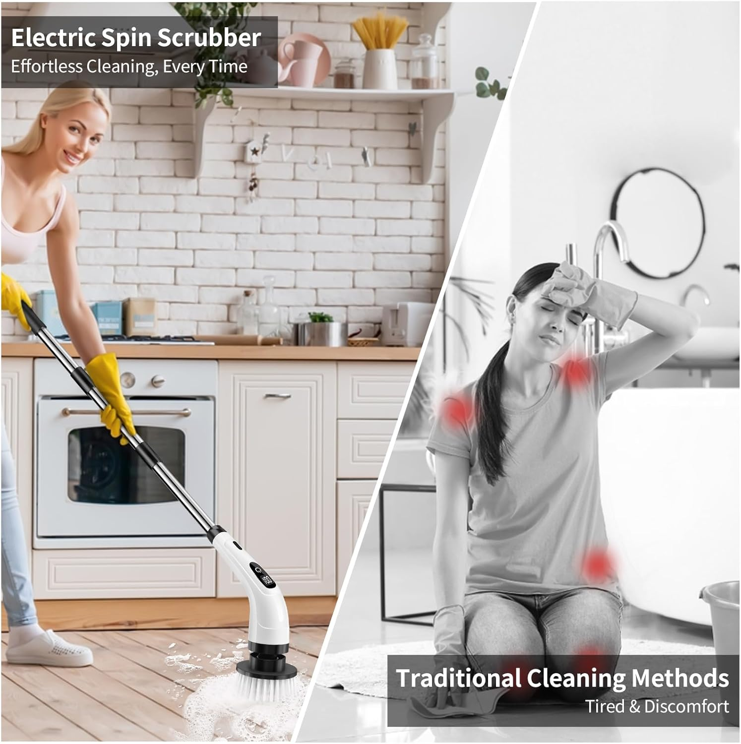 Electric Cleaning Brush Rotary Scrubber with 7 Heads Adjustable Handle Wet Dry White