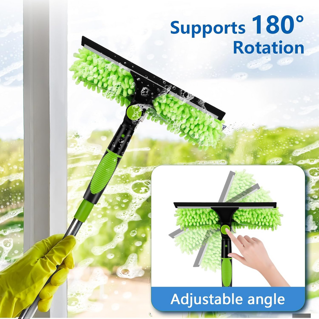 Window Cleaning Kit 2 in 1 Squeegee Microfiber Cleaner with 430cm Extension Pole Green
