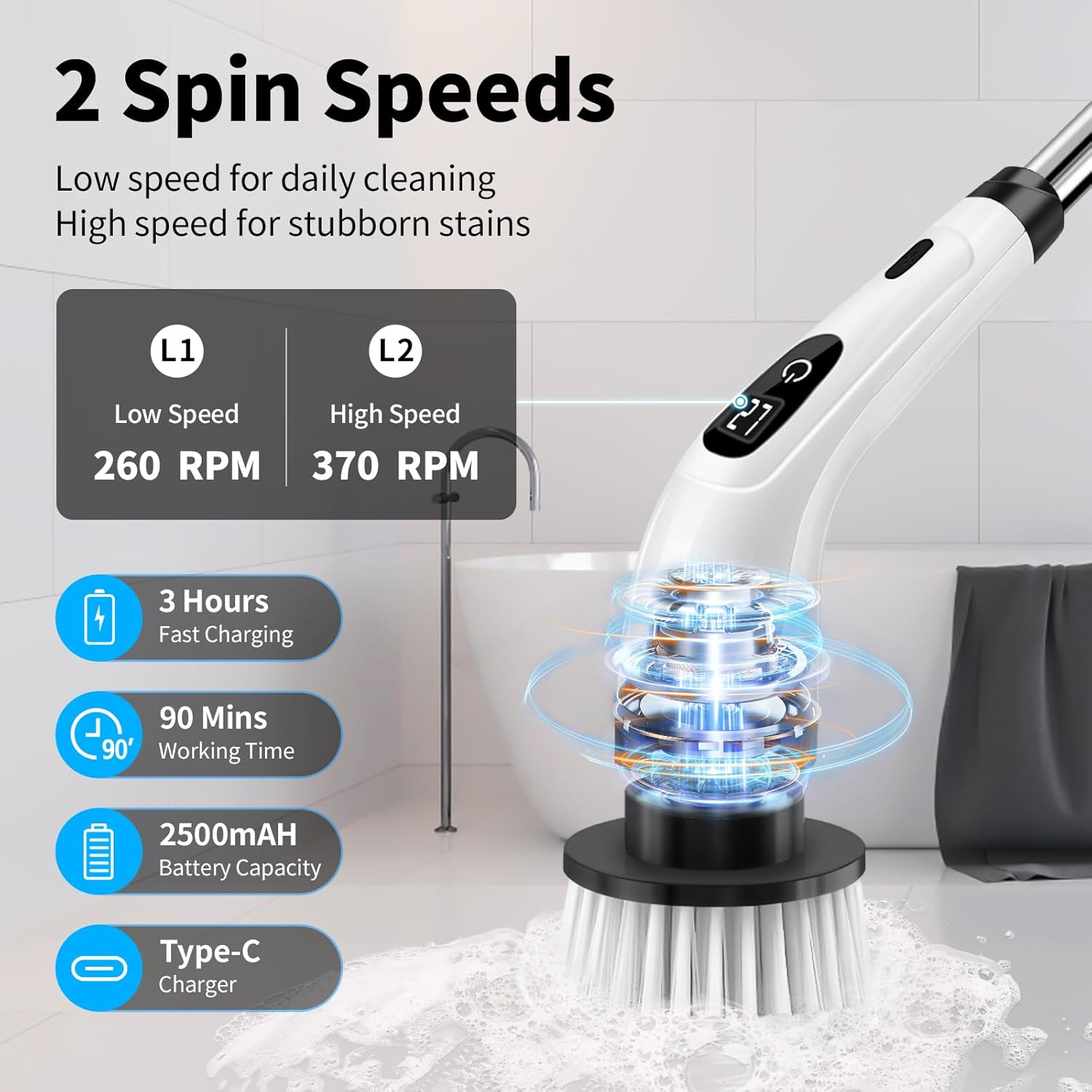 Electric Cleaning Brush Rotary Scrubber with 7 Heads Adjustable Handle Wet Dry White