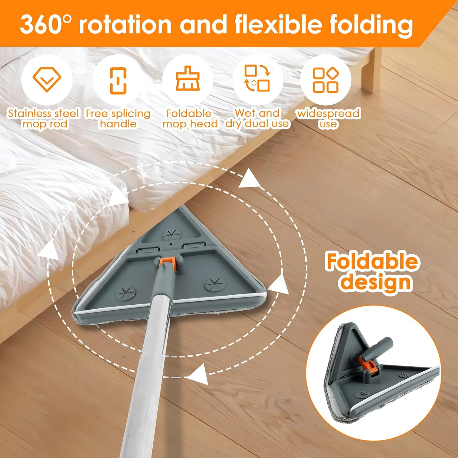 Triangle Microfiber Mop Long Handle Adjustable Wall Ceiling Floor Cleaner Set - Gray