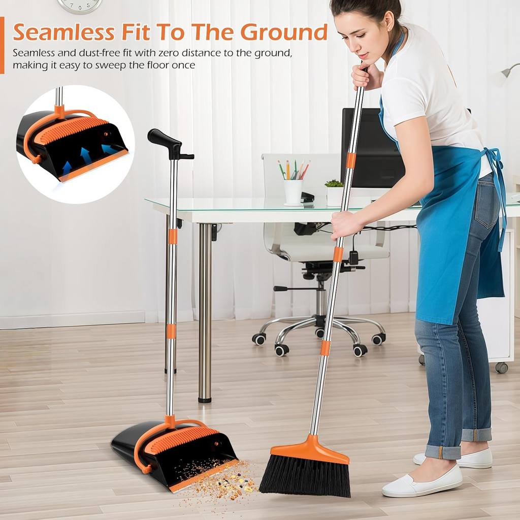 Broom and Dustpan Set Long Handle Upright Cleaning Combo Indoor Outdoor Use Orange