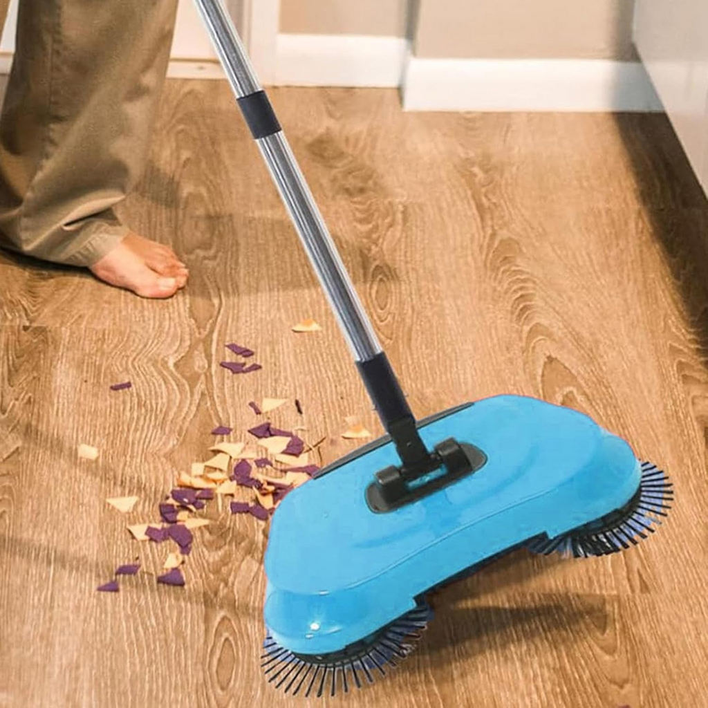 Hand Push Sweeper 360° Rotating Floor Cleaner with Adjustable Handle Manual Cleaning Tool - Blue with Mop Clamp