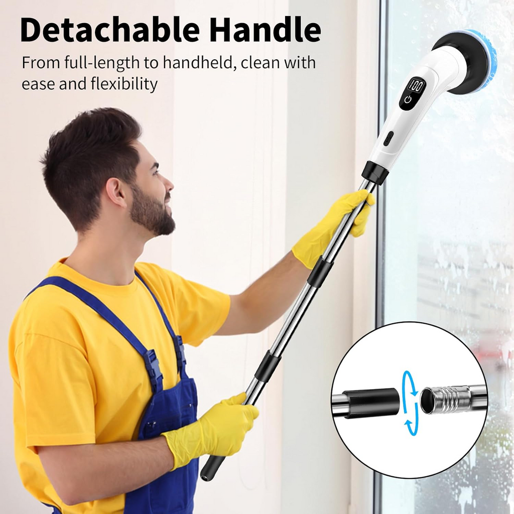 Electric Cleaning Brush Rotary Scrubber with 7 Heads Adjustable Handle Wet Dry White
