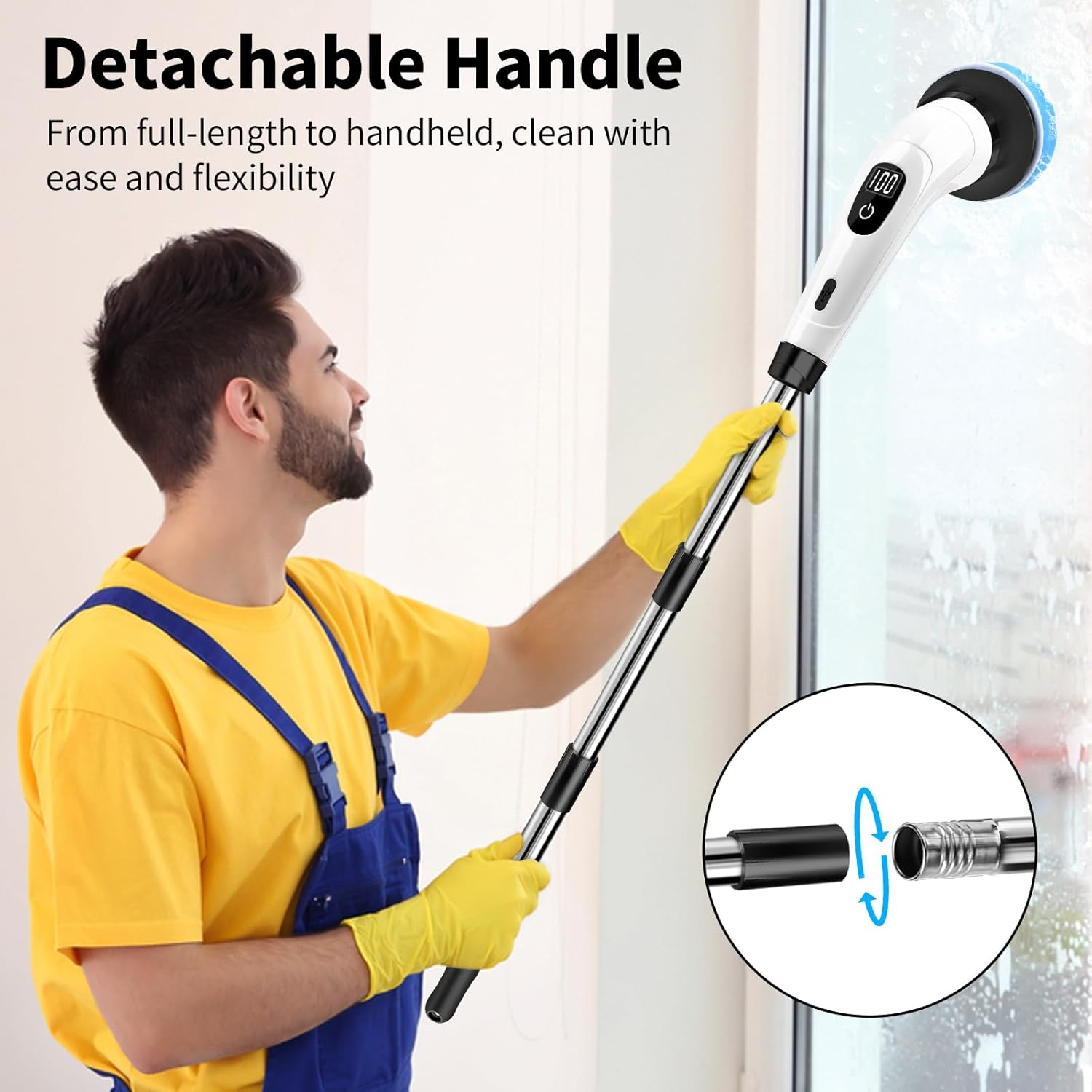 Electric Cleaning Brush Rotary Scrubber with 7 Heads Adjustable Handle Wet Dry White