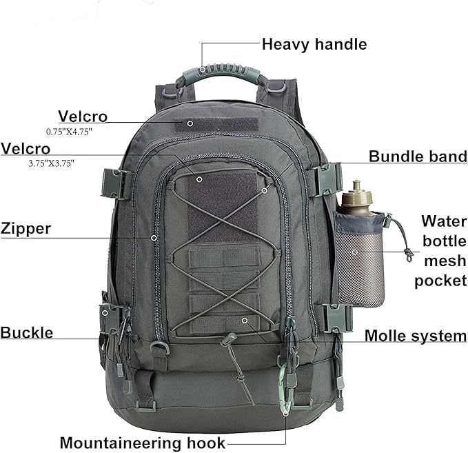 Tactical Backpack 60L Expandable Waterproof Hiking Travel Laptop Bag - Gray