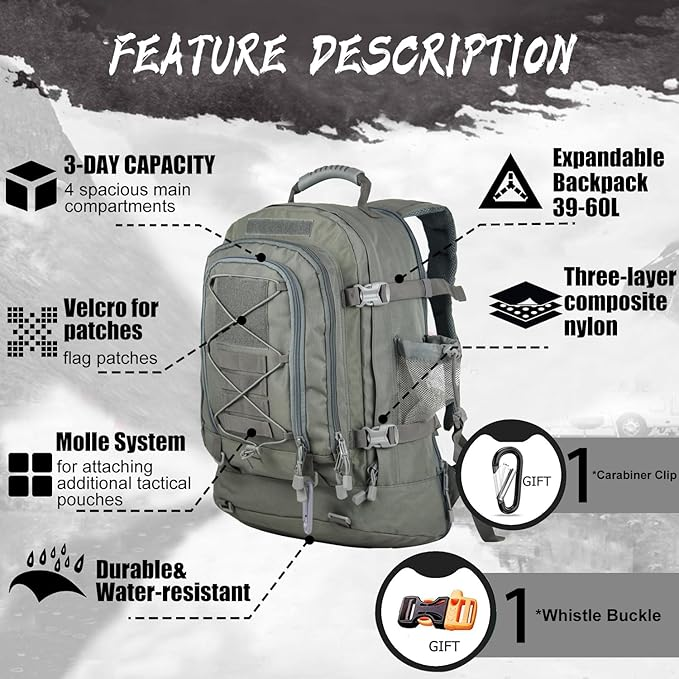 Tactical Backpack 60L Expandable Waterproof Hiking Travel Laptop Bag - Gray